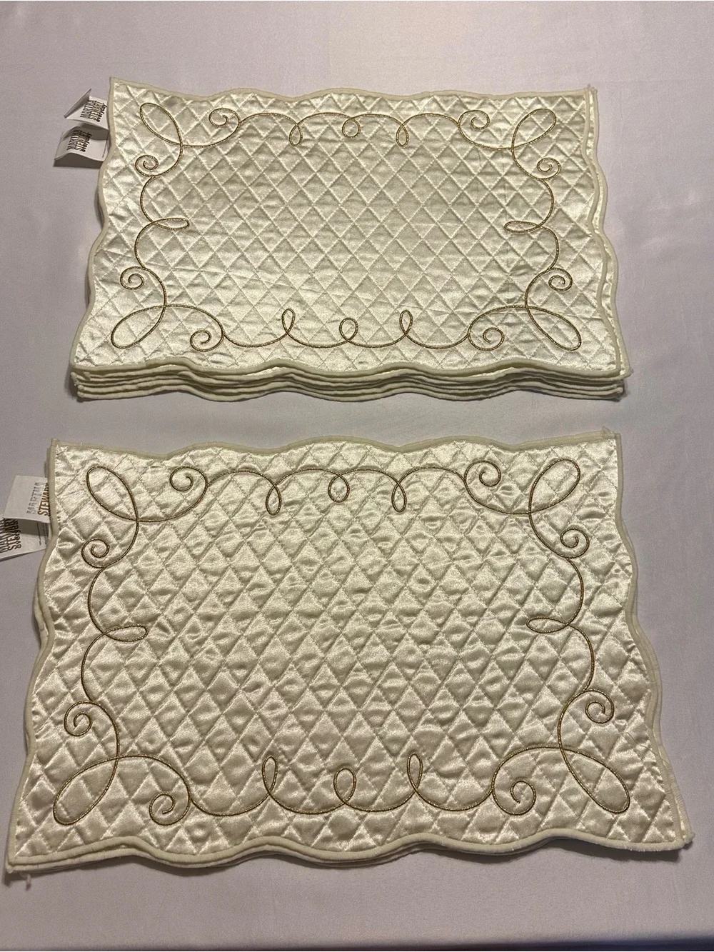 Martha Stewart Cream Quilted Placemat Set with Gold Scroll Embroidery set of 10